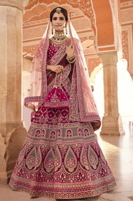 Velvet Party Lehenga Choli with Embroidered in Pink