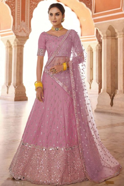 Pink Party Lehenga Choli in Embroidered Art silk