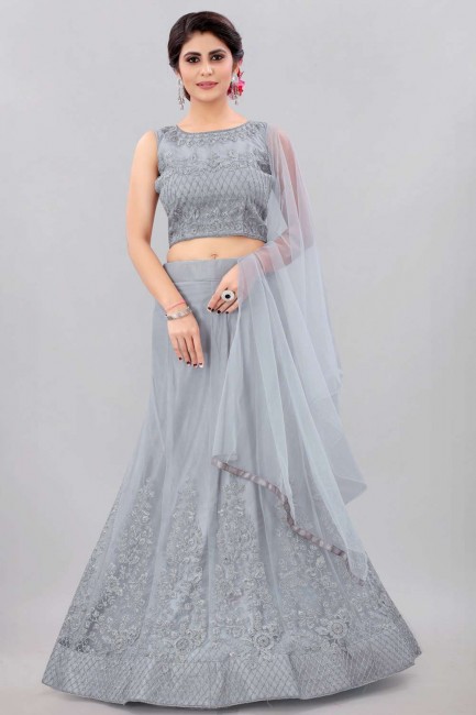 Grey Net  Party Lehenga Choli in Embroidered