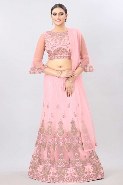 Net Party Lehenga Choli in Pink with Embroidered