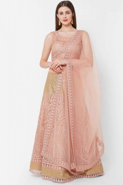 Net Peach Party Lehenga Choli in Embroidered