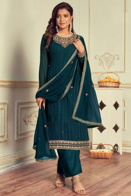 Faux georgette Eid Palazzo Suit with Embroidered in Teal blue