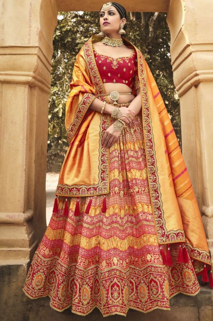 Red Party Lehenga Choli in Embroidered Silk