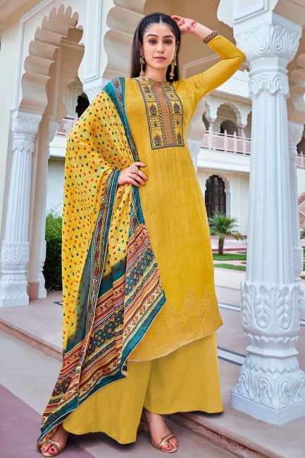 Jacquard silk Eid Palazzo Suit in Yellow with Printed