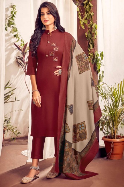 Cotton Eid Salwar Kameez with Embroidered in Maroon