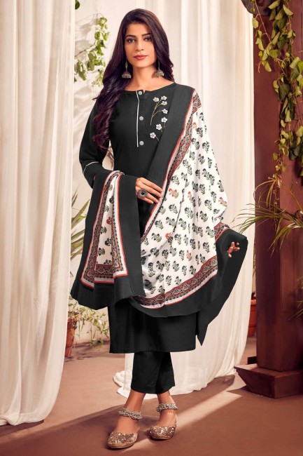 Cotton Eid Salwar Kameez in Black with Embroidered