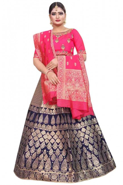 Party Lehenga Choli in Navy blue Silk with Weaving