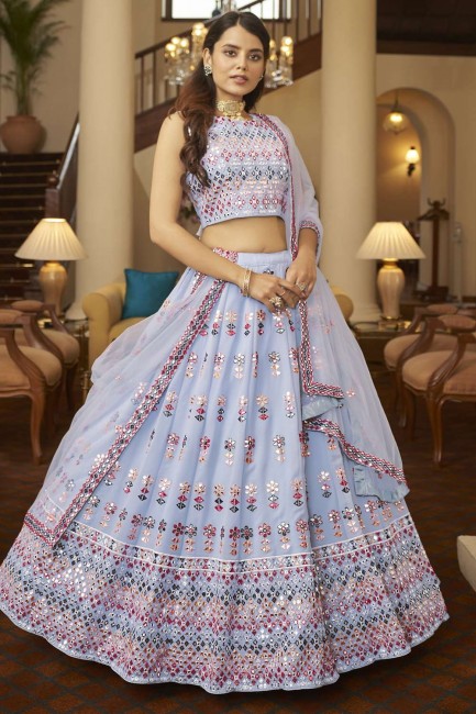 Sky blue Georgette Embroidered Party Lehenga Choli with Dupatta