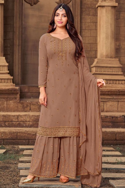 Brown Eid Palazzo Suit in Georgette with Stone with moti