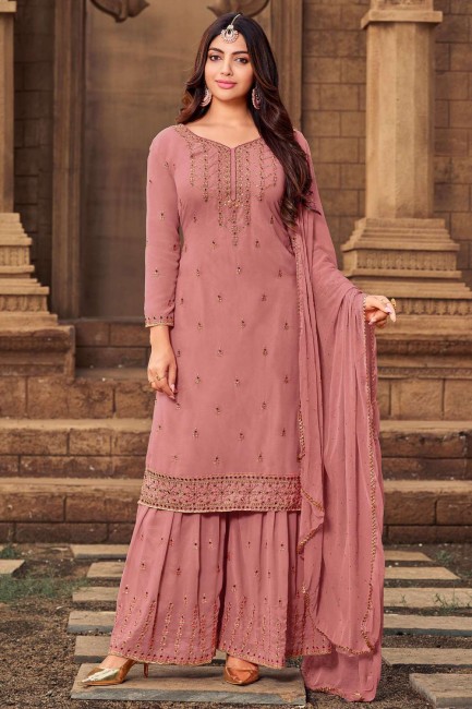 Stone with moti Georgette Eid Palazzo Suit in Salmon with Dupatta