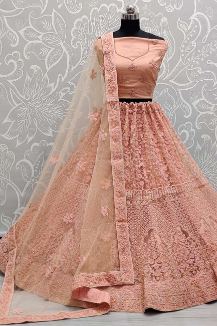 Net Wedding Lehenga Choli in Pink with Stone with moti