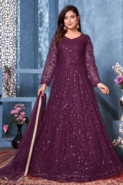 Net Eid Anarkali Suit with Embroidered in Wine