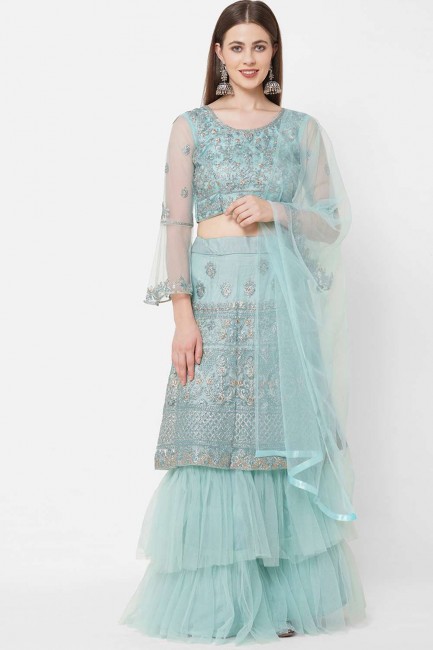 Net Party Lehenga Choli in Turquoise with Embroidered