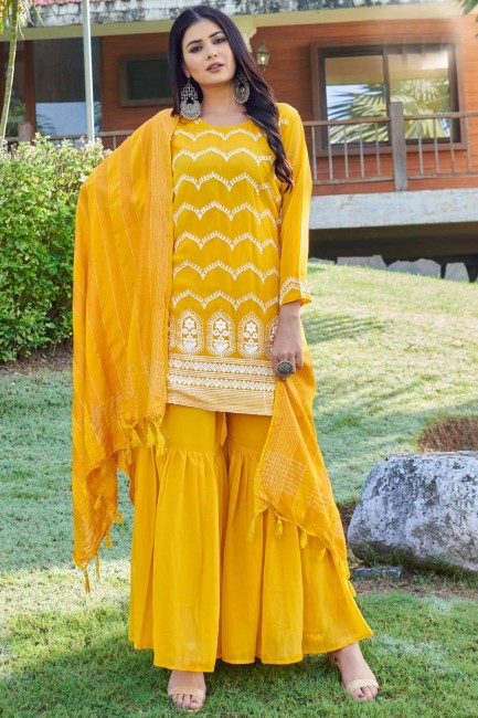 Faux georgette Eid Sharara Suit with Embroidered