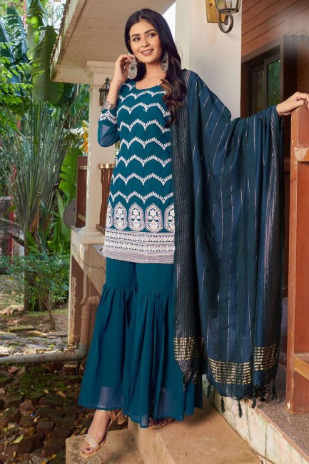 Faux georgette Teal  Eid Sharara Suit in Embroidered