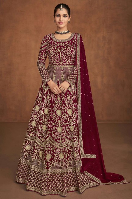 Georgette Embroidered  Eid Anarkali Suit in Maroon with Dupatta