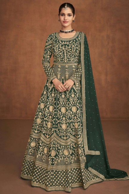Georgette Eid Anarkali Suit in Green with Embroidered