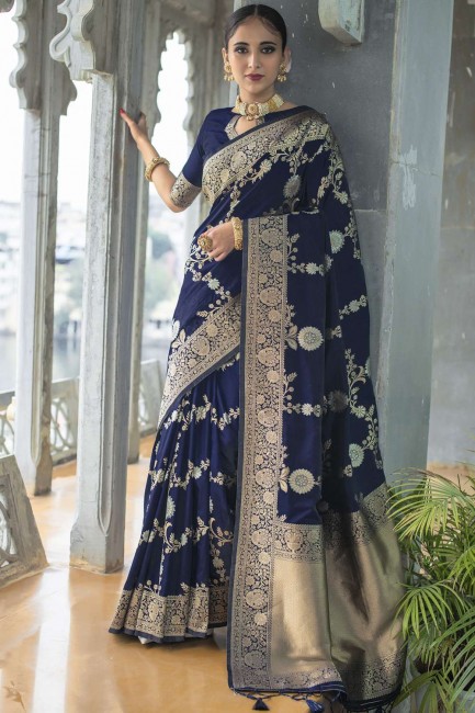 Blue Banarasi silk Banarasi Saree with Weaving