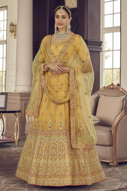 Party Lehenga Choli in Yellow Organza with Embroidered