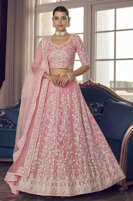 Pink Organza Party Lehenga Choli in Embroidered