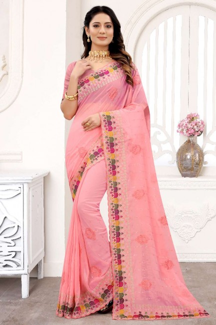 Embroidered Georgette Saree in Peach with Blouse