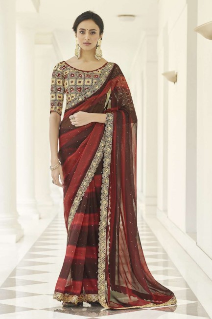 Art silk Saree with Thread,embroidered in Red