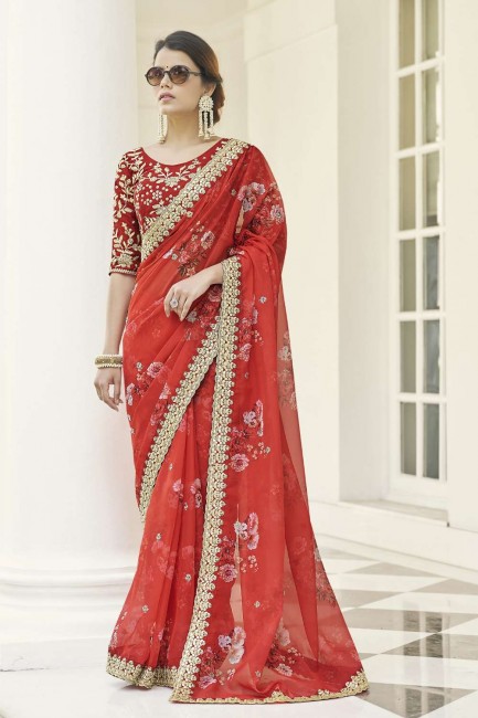 Zari,embroidered,printed Art silk Saree in Red