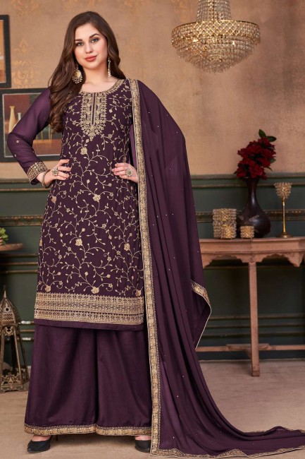 Faux georgette Wine  Eid Palazzo Suit in Embroidered