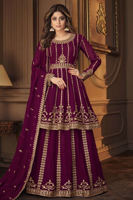 Georgette Eid Sharara Suit with Embroidered in Burgundy