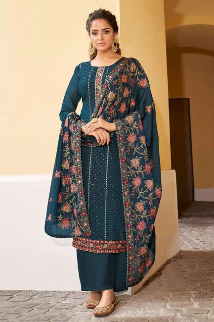 Eid Palazzo Suit in Teal blue Faux georgette with Stone with moti
