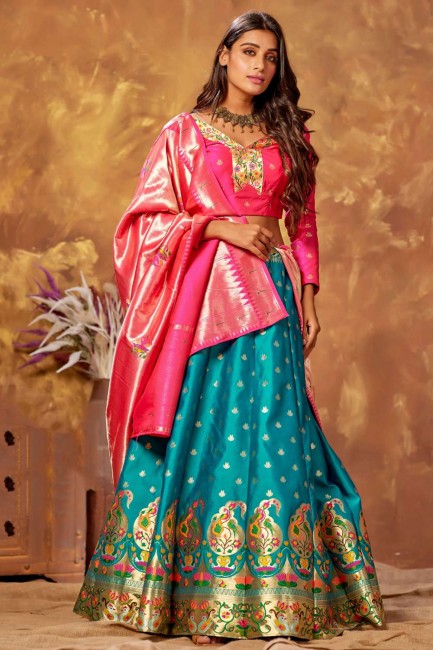 Turquoise  Weaving Party Lehenga Choli in Silk