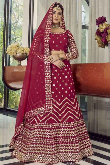 Georgette Coral red Party Lehenga Choli in Embroidered