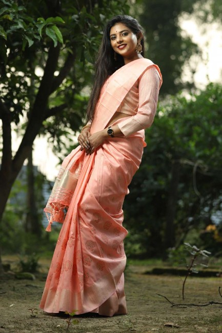 Hand,printed Silk Party Wear Saree in Peach with Blouse