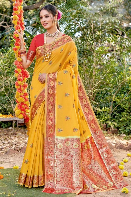 Cotton Party Wear Saree with Weaving in Mustard