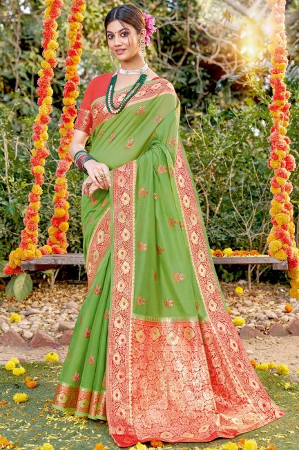 Cotton Weaving Green Party Wear Saree with Blouse