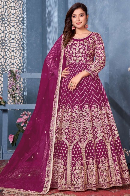 Net Eid Anarkali Suit in Burgundy  with Embroidered