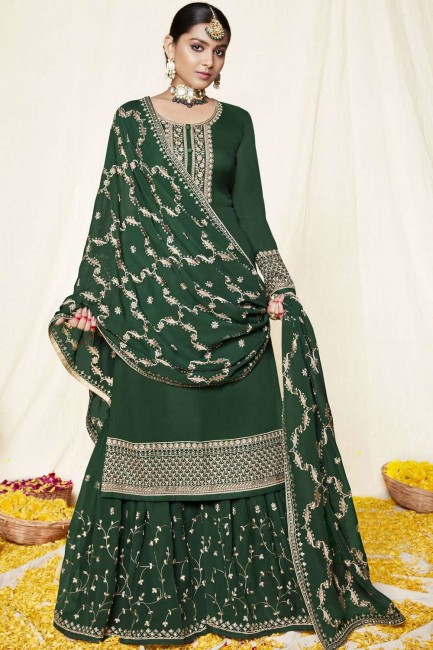 Georgette Eid Sharara Suit with Embroidered in Green