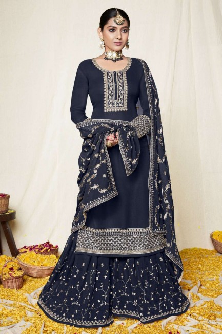 Eid Sharara Suit Blue  with Embroidered Georgette