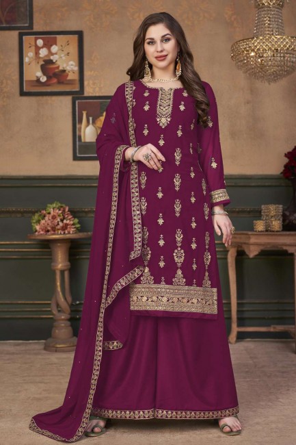 Eid Palazzo Suit in Maroon Faux georgette with Embroidered