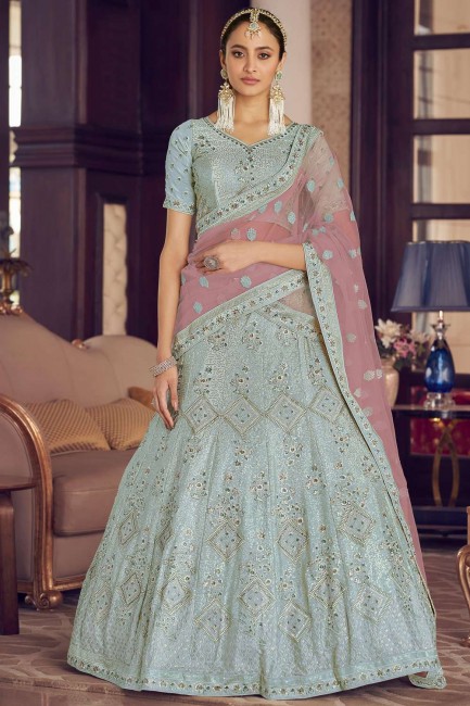 Turquoise  Party Lehenga Choli in Crepe with Embroidered