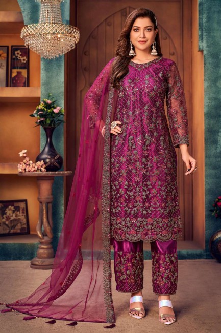 Embroidered Eid Palazzo Suit in Purple Net