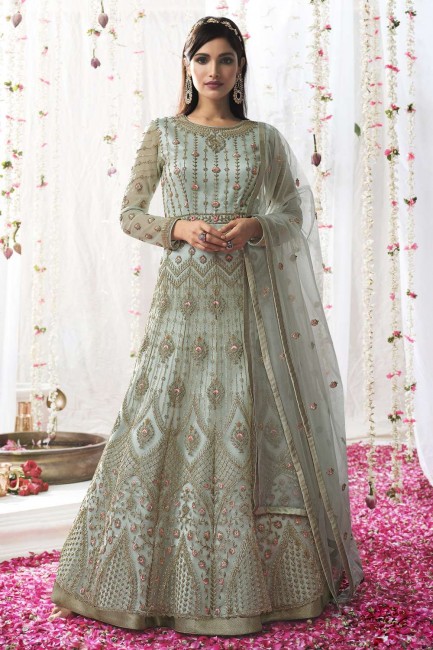 Net Eid Anarkali Suit in Sky blue with Embroidered