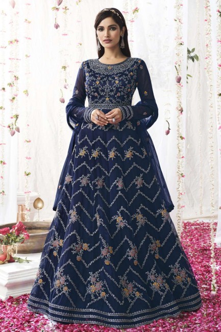 Embroidered Eid Anarkali Suit in Blue Net