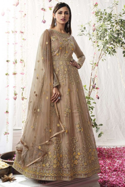 Eid Anarkali Suit in Beige Net with Embroidered