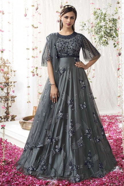 Net Eid Anarkali Suit with Embroidered in Grey