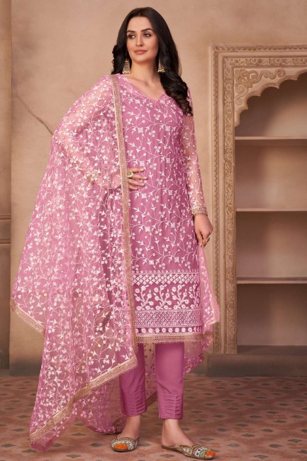 Net Onion pink Salwar Kameez in Embroidered