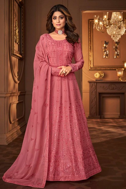 Georgette Pink Embroidered Anarkali Suit with Dupatta