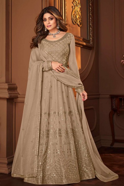 Georgette Anarkali Suit with Embroidered in Beige