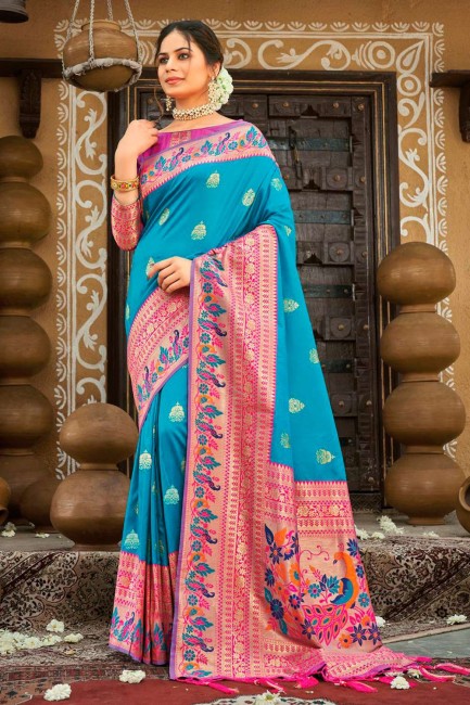 Sky blue Banarasi silk Saree with Weaving