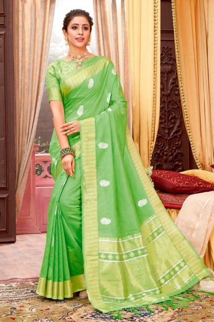 Weaving Cotton Saree in Green with Blouse